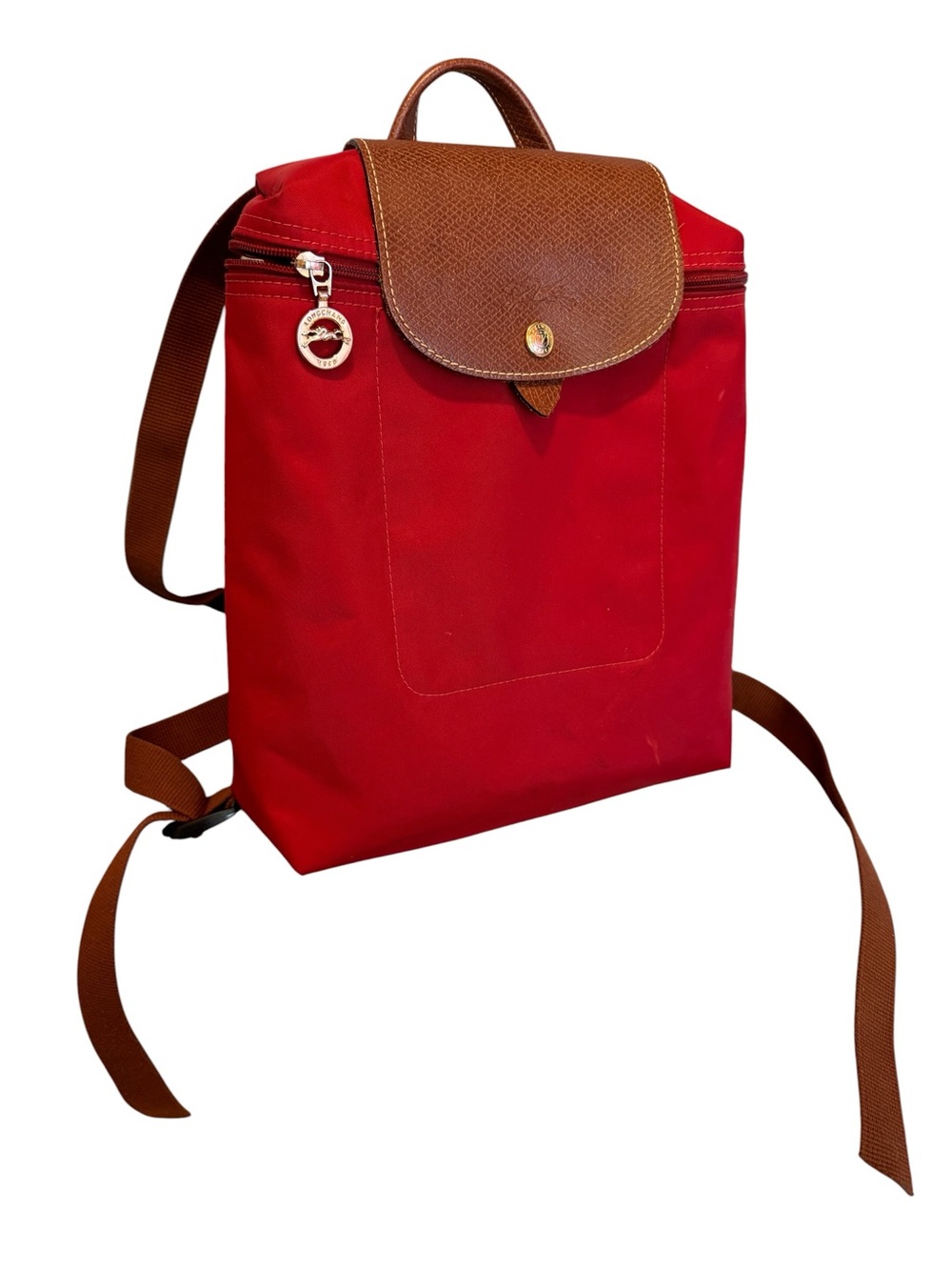 Longchamp Le Pliage Sac A Dos Original Backpack Red Nylon Brown Leather Trim